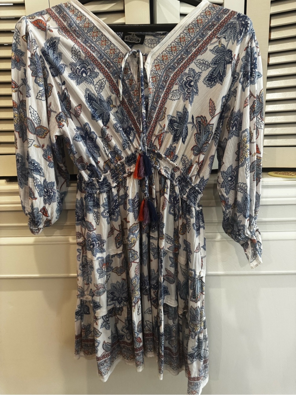 Angie White Mini Dress with Blue Floral Print and Rust Tassels